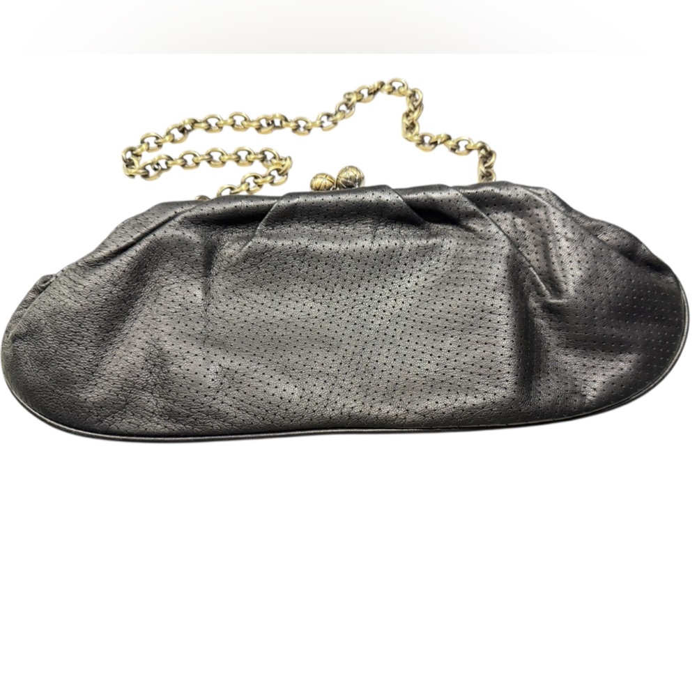 Elegant Franchi Black Leather Clutch with Antiqued Gold Chain & Kiss Lock
